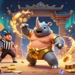 Illustration dynamique de casino en ligne avec un scarabée sumo champion, billets dorés volants.