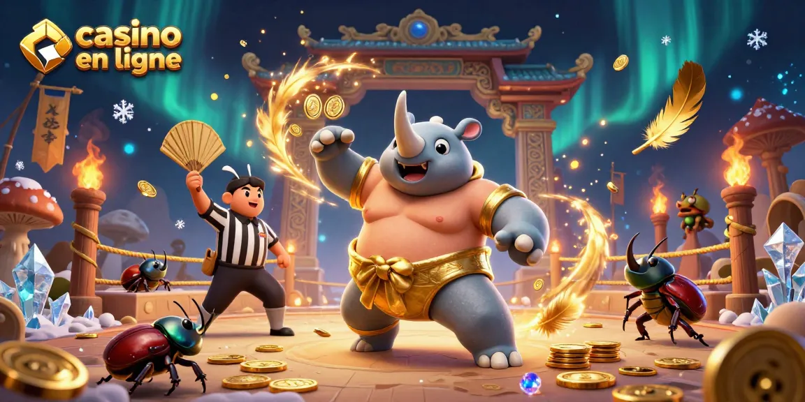 Illustration dynamique de casino en ligne avec un scarabée sumo champion, billets dorés volants.