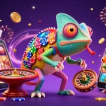 Permainan slot menarik di faithandworksjournal dengan chameleon kasino berwarna cerah dan koin emas mengalir.