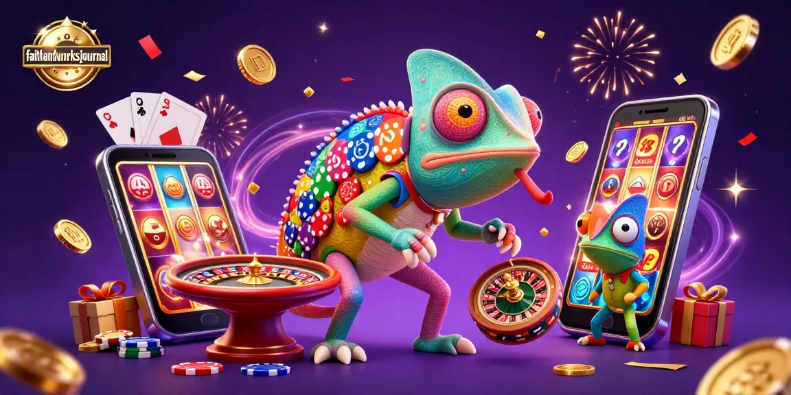 Permainan slot menarik di faithandworksjournal dengan chameleon kasino berwarna cerah dan koin emas mengalir.