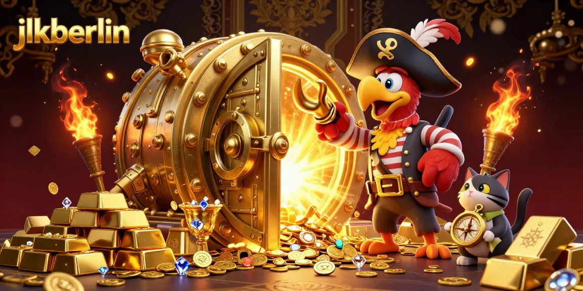Engage with jlkberlin's vibrant treasure-themed gaming scene featuring golden vaults and adventurous characters.