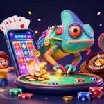 Venez découvrir le monde captivant du casino en ligne avec un chameleon de casino coloré prenant du plaisir à collectionner des pièces d'or.