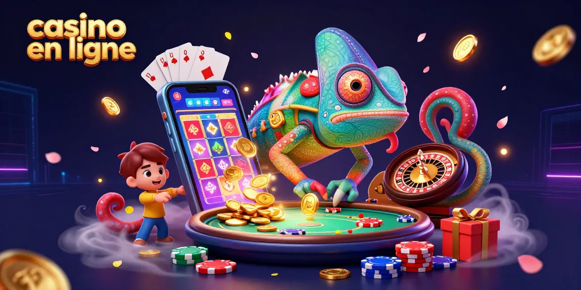 Venez découvrir le monde captivant du casino en ligne avec un chameleon de casino coloré prenant du plaisir à collectionner des pièces d'or.