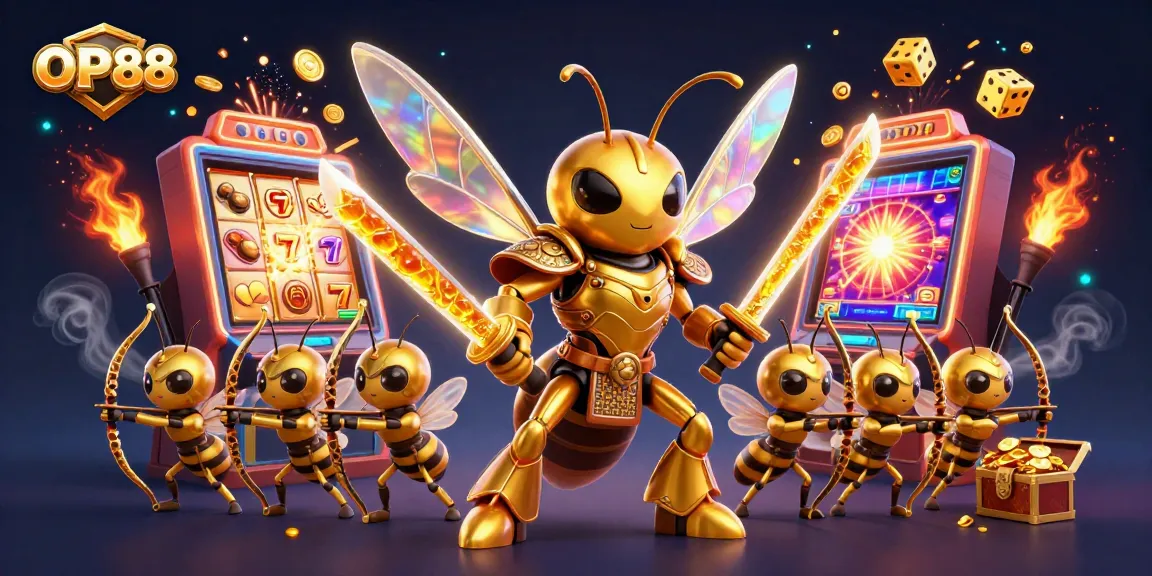 Experience OP88's vibrant casino atmosphere with animated hornets and jackpot excitement.