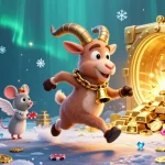 Illustration d'un casino en ligne animé avec Krampus et des elfes espiègles, pleine de trésors et de couleurs.