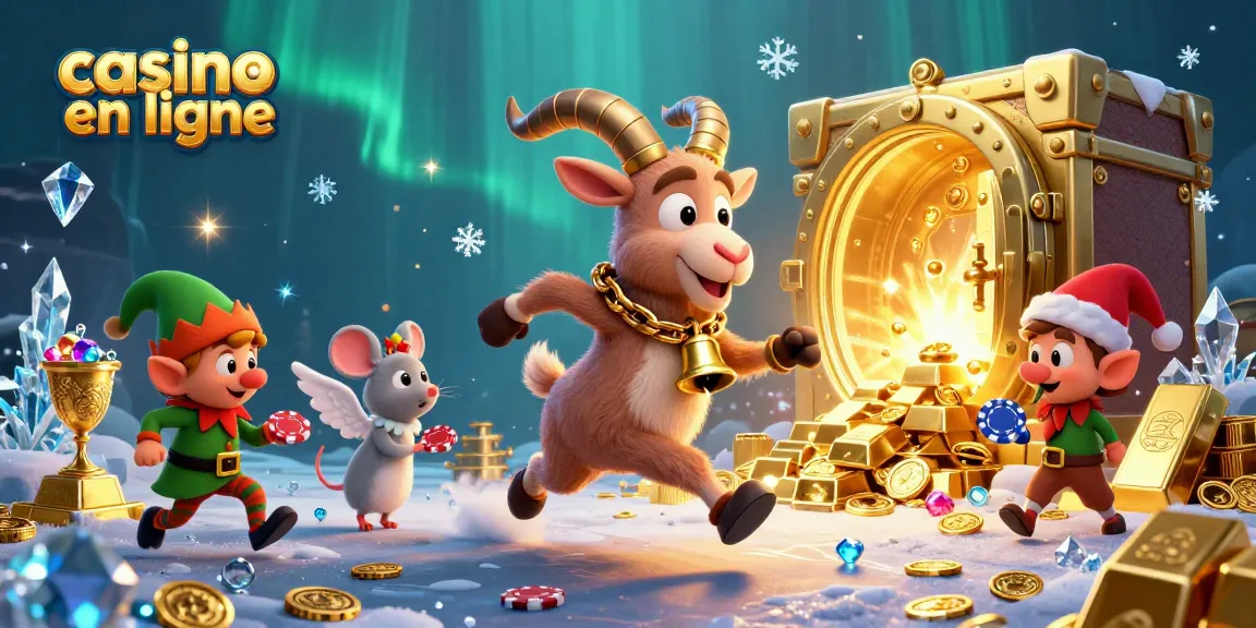 Illustration d'un casino en ligne animé avec Krampus et des elfes espiègles, pleine de trésors et de couleurs.