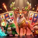 Engage in thrilling gameplay with 888new's energetic scene featuring vibrant slot machines and enchanting characters.
