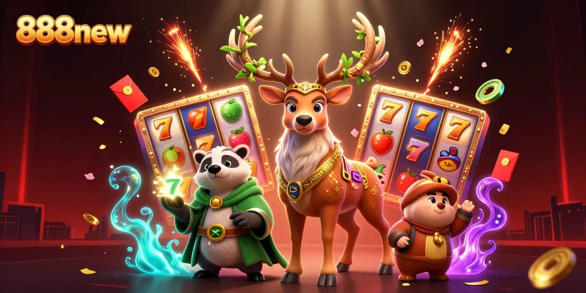 Engage in thrilling gameplay with 888new's energetic scene featuring vibrant slot machines and enchanting characters.
