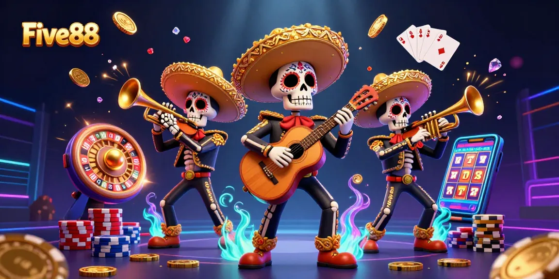 Experience thrilling wins at Five88 with a vibrant mariachis-themed casino scene filled with action.