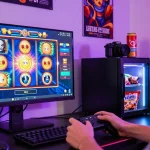 Gamer menikmati permainan slot online dengan suasana ceria dan lampu LED.
