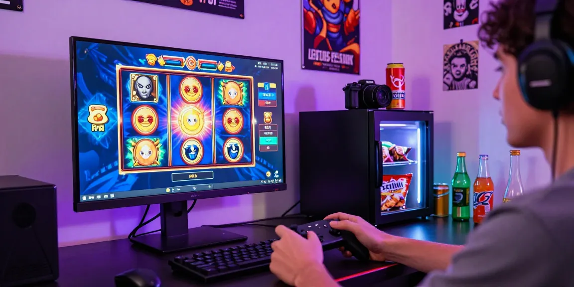Gamer menikmati permainan slot online dengan suasana ceria dan lampu LED.
