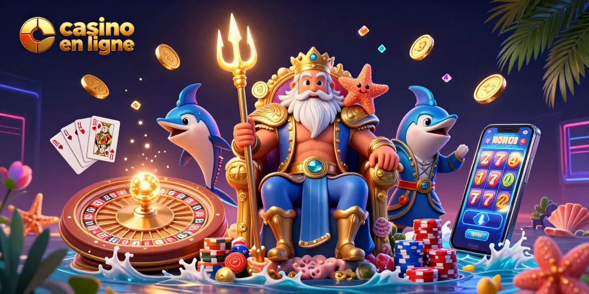 Plongez dans l'univers captivant du casino en ligne avec le roi Neptune entouré de trésors scintillants.