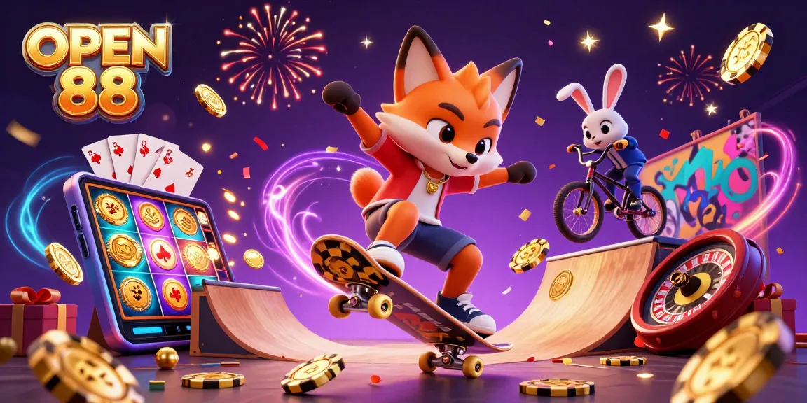 Engage with the dynamic OPEN 88 gambling experience featuring a skateboarding fox and BMX-riding rabbit.