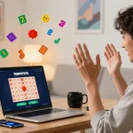 Individual celebrating a win on TEMPOTOTO online lottery platform in a cozy home setup.