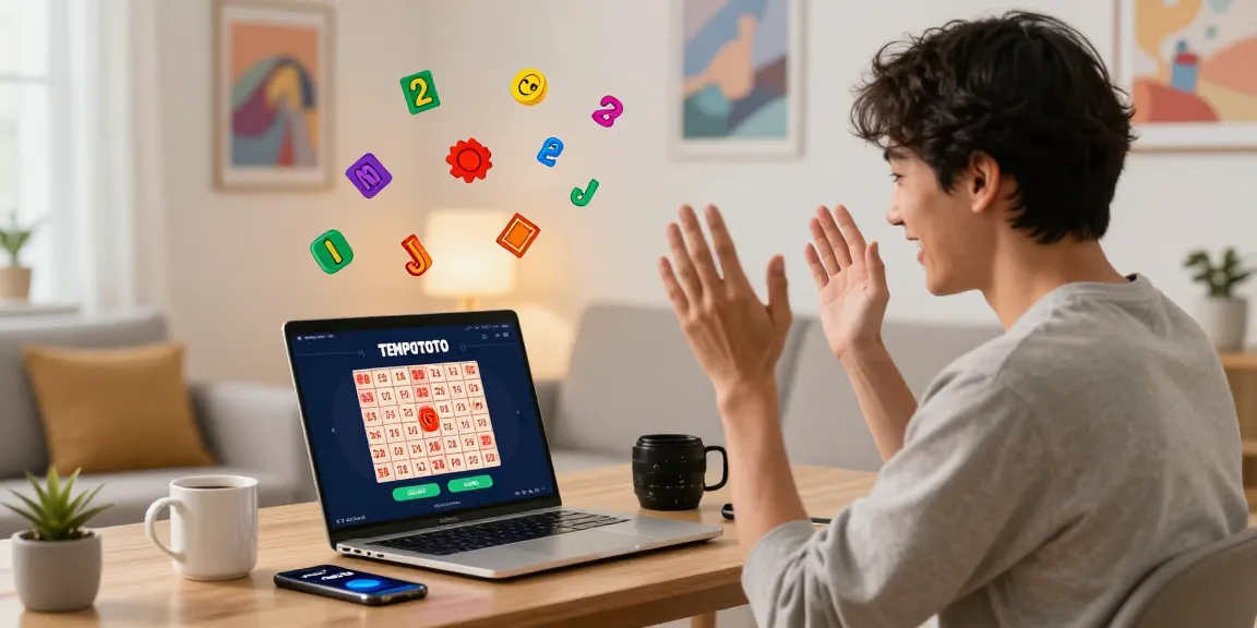Individual celebrating a win on TEMPOTOTO online lottery platform in a cozy home setup.