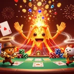 Plongez dans l'univers du casino en ligne avec un volcan doré éclatant, des animaux explorateurs et des jetons de poker.