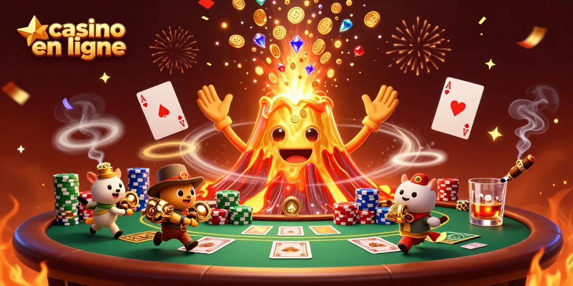 Plongez dans l'univers du casino en ligne avec un volcan doré éclatant, des animaux explorateurs et des jetons de poker.