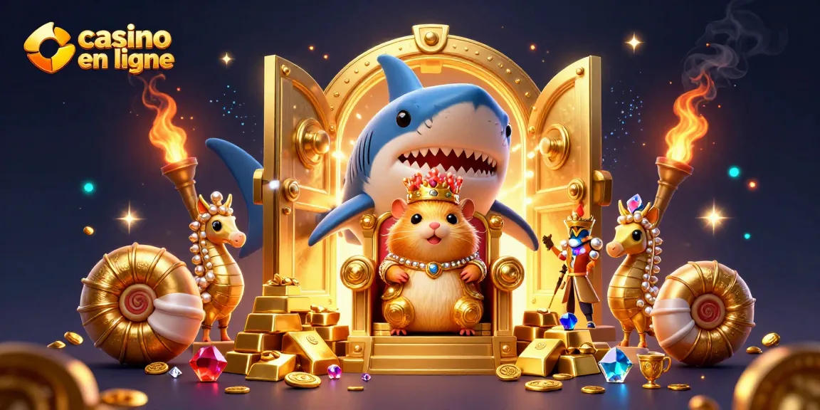 Le roi hamster en or et ses gardes seahorse au trésor dans un casino en ligne coloré.