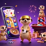 Engage with link gacor in this vibrant 3D meerkat casino scene filled with slot games and festive energy.