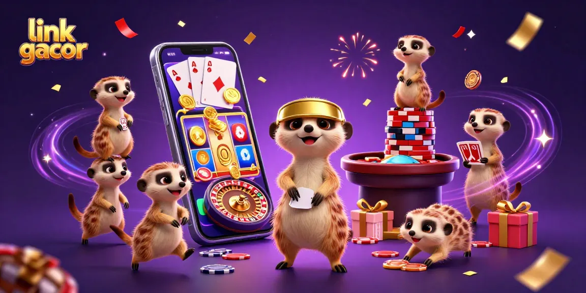 Engage with link gacor in this vibrant 3D meerkat casino scene filled with slot games and festive energy.