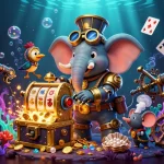 Visuel dynamique d'un éléphant ingénieur steampunk jouant à un casino en ligne entouré d'éléments ludiques.