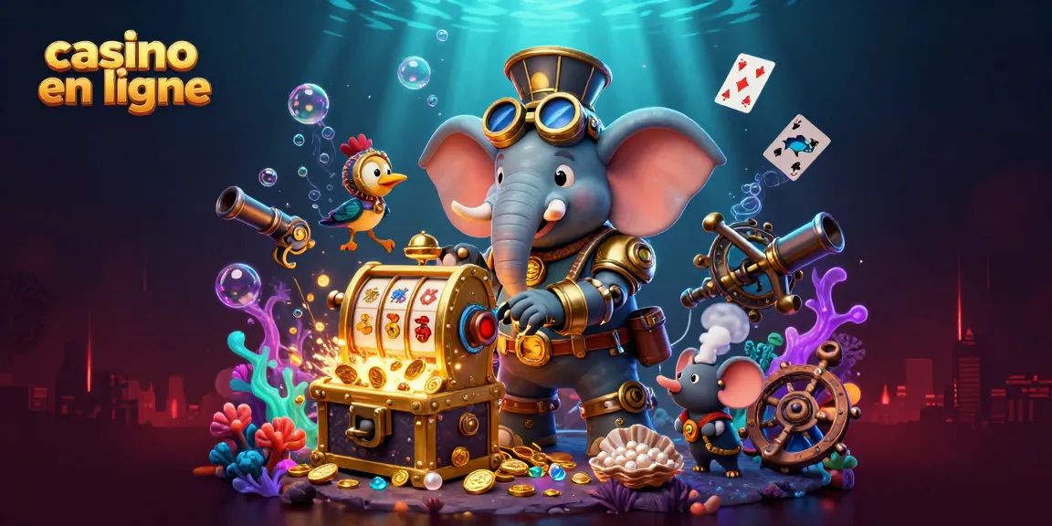 Visuel dynamique d'un éléphant ingénieur steampunk jouant à un casino en ligne entouré d'éléments ludiques.