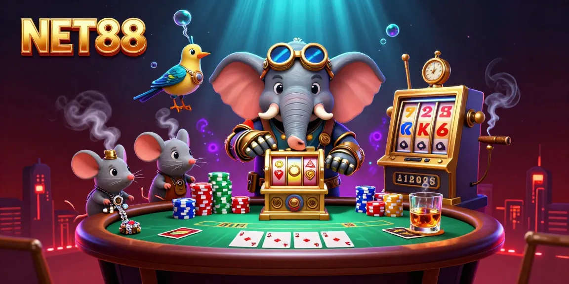 Spin the NET88 slot machine with a steampunk elephant engineer and vibrant casino elements.