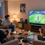 Excited friends playing PokémonToto login in cozy living room with snacks.