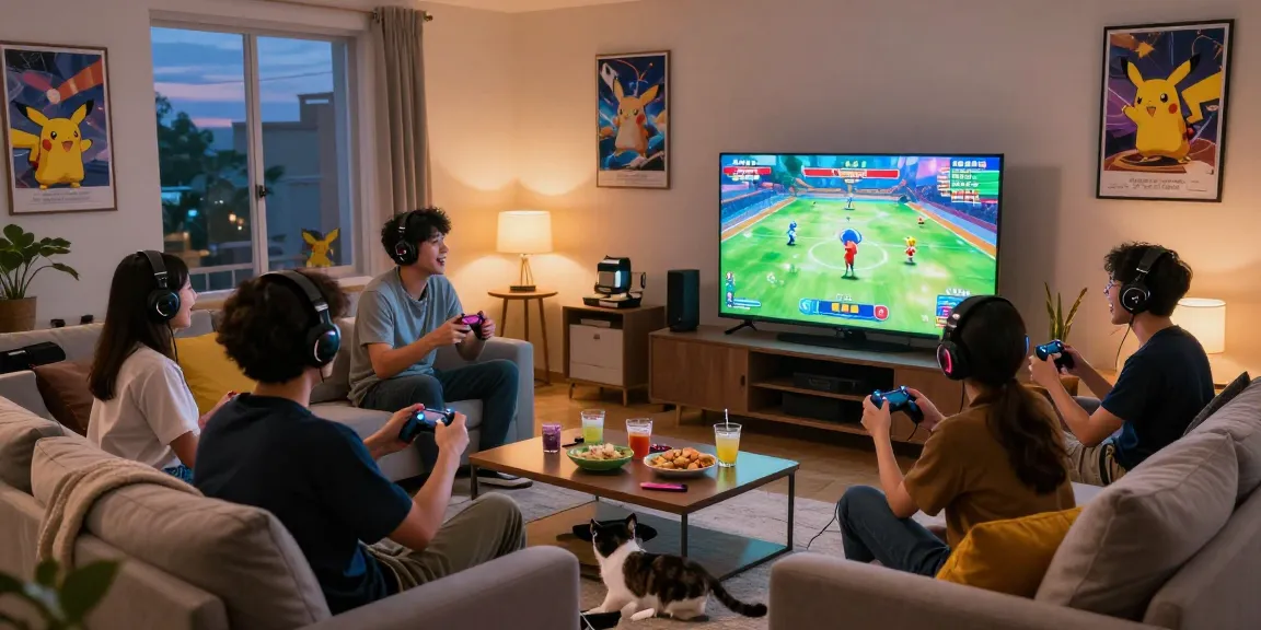 Excited friends playing PokémonToto login in cozy living room with snacks.