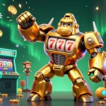 finepalategroup showcases a golden gorilla mech amidst dynamic casino elements, highlighting excitement.