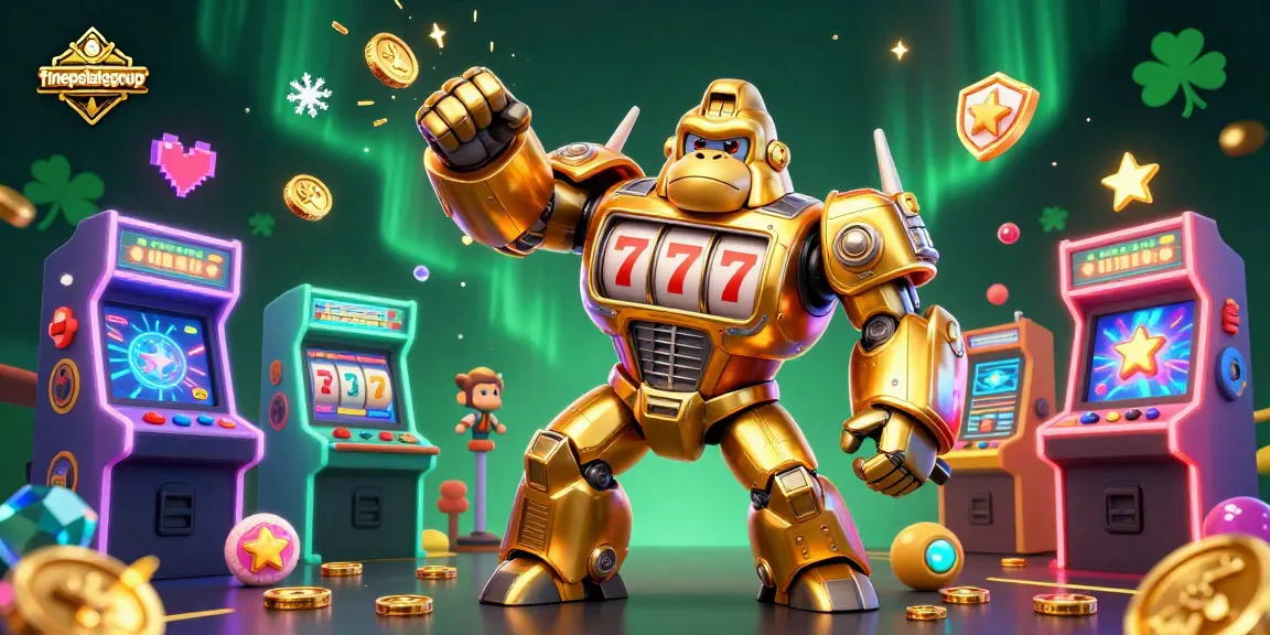 finepalategroup showcases a golden gorilla mech amidst dynamic casino elements, highlighting excitement.