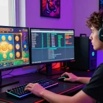 Engaged player enjoying situs raja slot games in an energetic gaming setup.