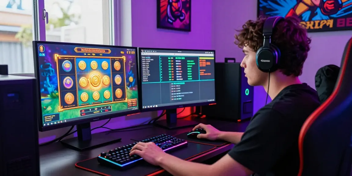 Engaged player enjoying situs raja slot games in an energetic gaming setup.