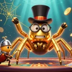KJC presents a thrilling slots adventure with a golden tarantula and beetle knight in a captivating casino scene.