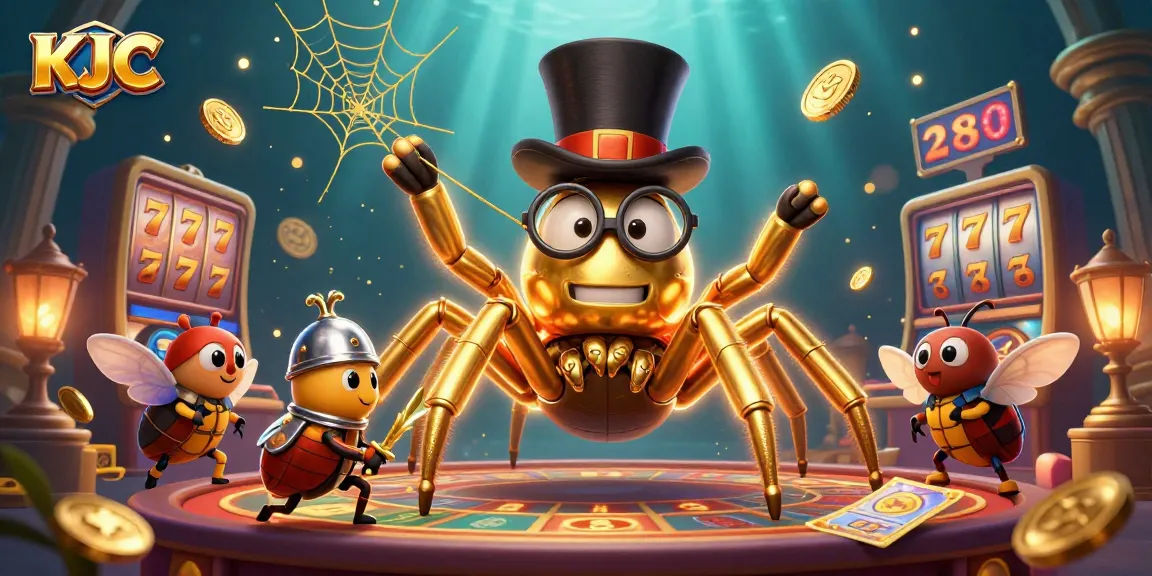 KJC presents a thrilling slots adventure with a golden tarantula and beetle knight in a captivating casino scene.