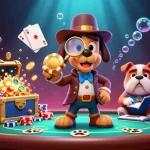 Examiner les meilleures options sur le meilleur site de poker en ligne, avec un détective cartoon et un bulldog.