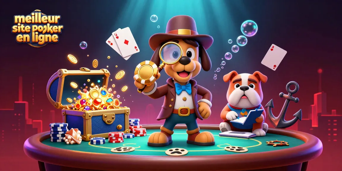 Examiner les meilleures options sur le meilleur site de poker en ligne, avec un détective cartoon et un bulldog.