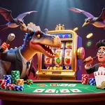Illustration représentant un pachycéphalosaurus dans un casino en ligne, jouant sur une machine à sous dorée.