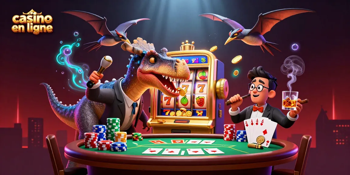 Illustration représentant un pachycéphalosaurus dans un casino en ligne, jouant sur une machine à sous dorée.