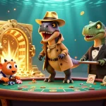 Jouez au casino en ligne avec une illustration cartoon animée de personnages de dinosaures au blackjack.