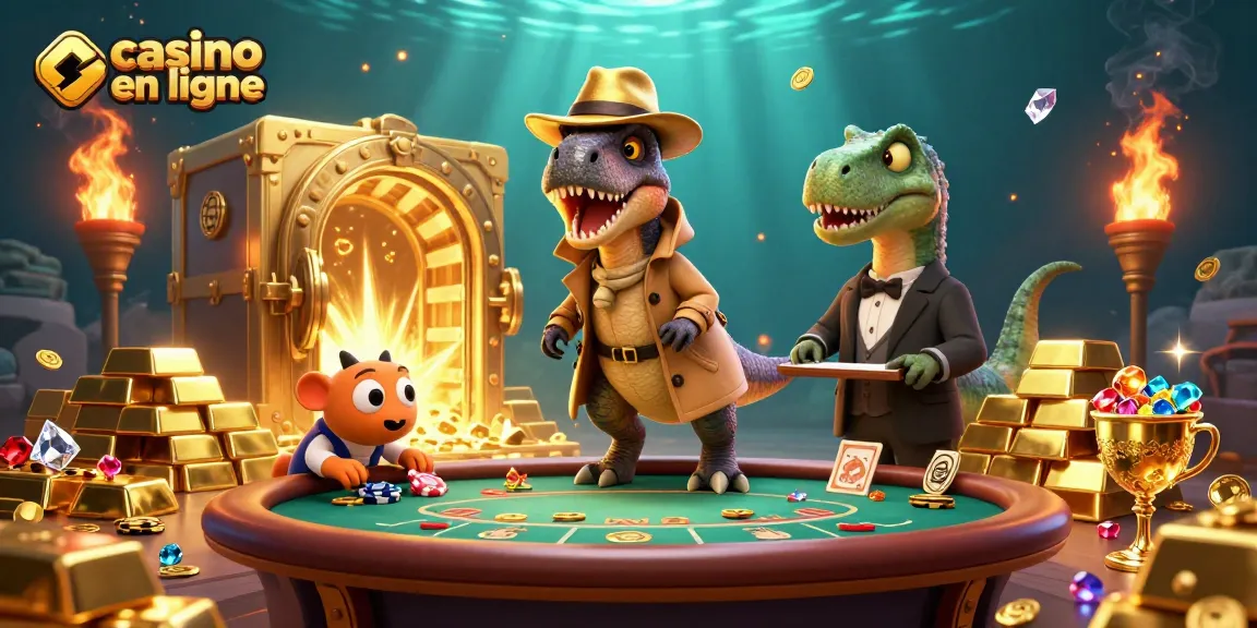 Jouez au casino en ligne avec une illustration cartoon animée de personnages de dinosaures au blackjack.