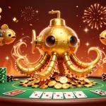 Jouez à des jeux de casino en ligne avec cette illustration de kraken doré et de poissons mécaniques.