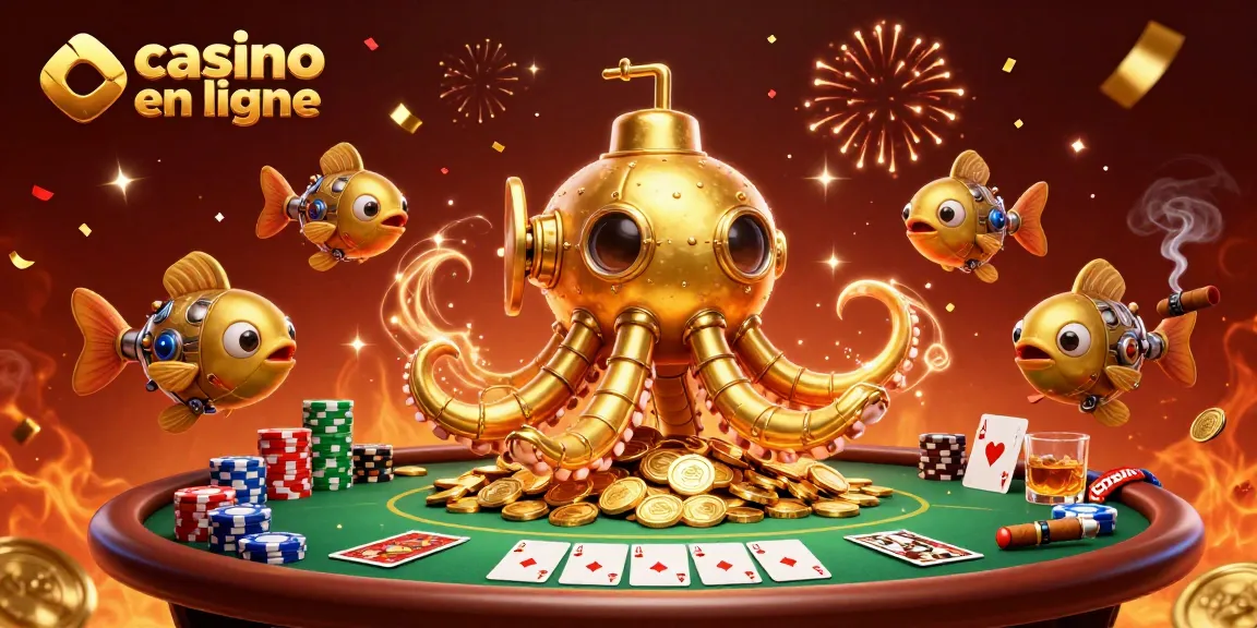 Jouez à des jeux de casino en ligne avec cette illustration de kraken doré et de poissons mécaniques.