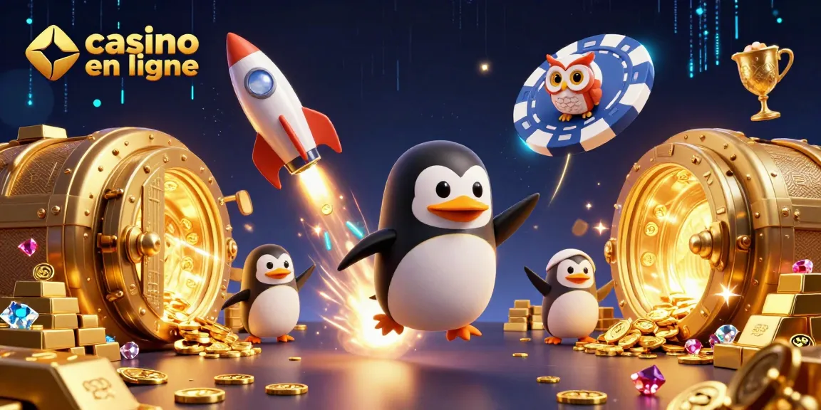 Illustration dynamique de casino en ligne avec un pingouin doré propulsé par une fusée, traînant des pièces d'or.