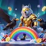 Le casino crypto offre une scène dynamique avec des éléments de jeux de casino et des pièces dorées.