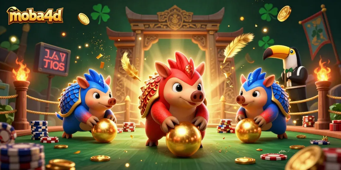Compete with moba4d in a vibrant 3D gaming scene featuring rival pangolins and poker chips.