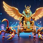 Casino en ligne avec un scarabée doré dans un chariot, entouré de machines à sous colorées et de jetons de poker.