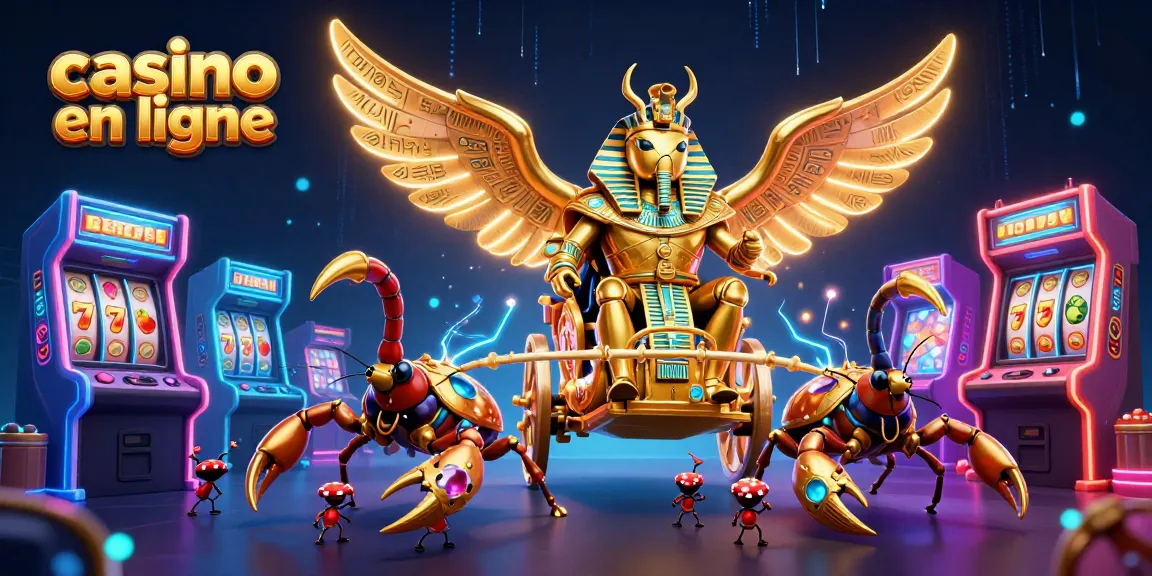 Casino en ligne avec un scarabée doré dans un chariot, entouré de machines à sous colorées et de jetons de poker.