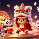 オンラインカジノ アプリ の魅力的なイラスト。ライオンダンスのキャラクターたちが楽しさを演出。