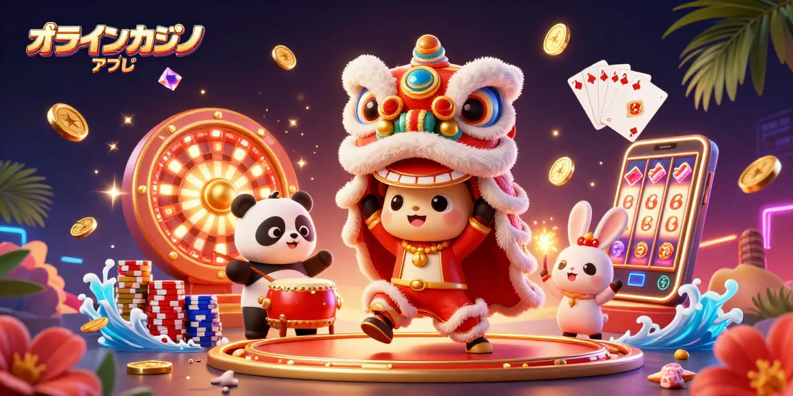オンラインカジノ アプリ の魅力的なイラスト。ライオンダンスのキャラクターたちが楽しさを演出。